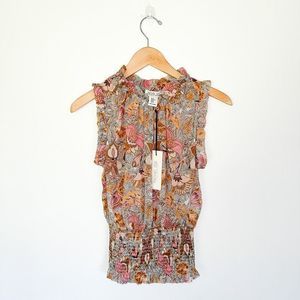 Rachel Zoe sheer abstract floral mock neck smocked bottom sleeveless blouse.
